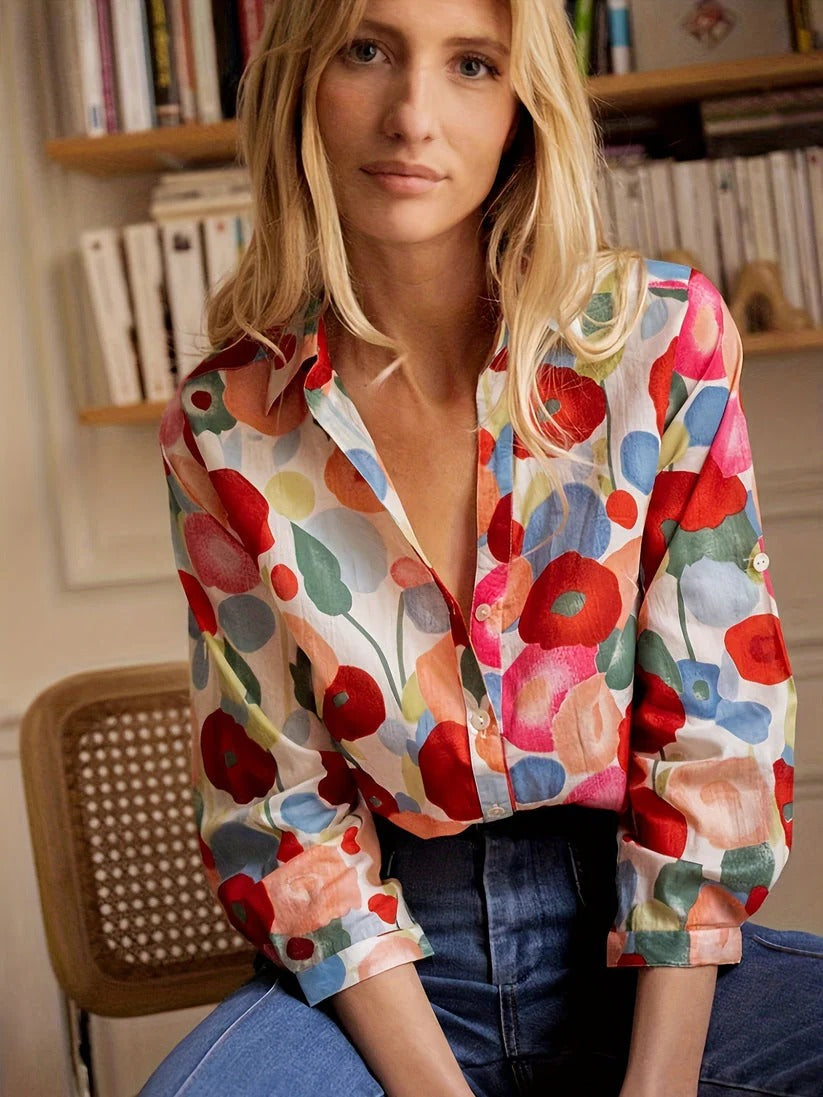 Blouse à motif floral avec fermeture boutonnée pour femmes | Idéal pour la mi-saison