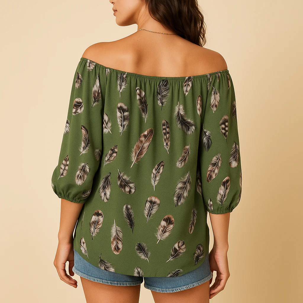 Blouse à Imprimé Plume avec Col en V pour Femme | Idéale pour l'Été
