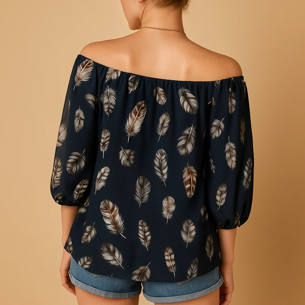 Blouse à Imprimé Plume avec Col en V pour Femme | Idéale pour l'Été