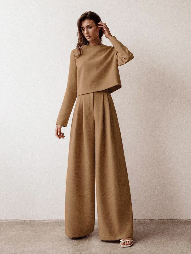 Ensemble Deux Pièces Avec Pantalon Large Plissé Et Haut Court À Manches Longues Pour Femme | Idéal Pour Journée Ou Soirée