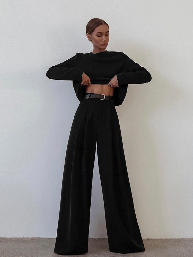 Ensemble Deux Pièces Avec Pantalon Large Plissé Et Haut Court À Manches Longues Pour Femme | Idéal Pour Journée Ou Soirée