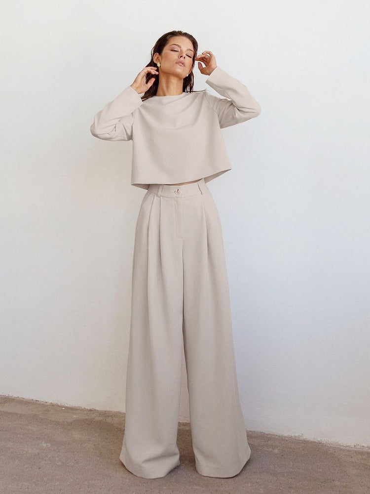 Ensemble Deux Pièces Avec Pantalon Large Plissé Et Haut Court À Manches Longues Pour Femme | Idéal Pour Journée Ou Soirée