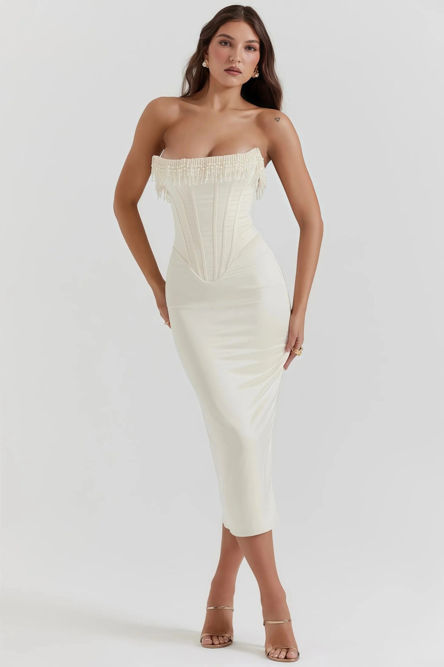 Robe Midi Sans Bretelles Couleur Crème pour Femme | Idéale pour l’Été ou les Événements