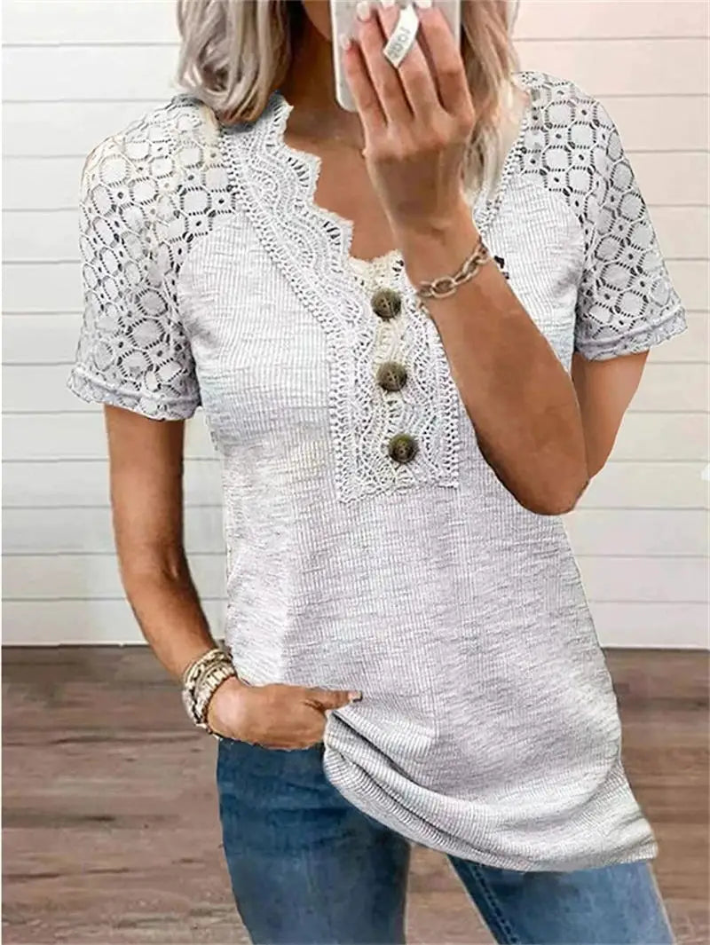 T-Shirt Manches Courtes avec Détails en Dentelle pour Femme | Idéal pour le Printemps et l'Été