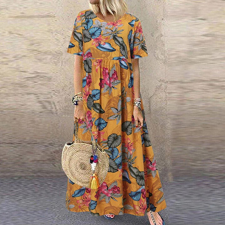 Robe Longue à Imprimé Fleuri avec Manches Courtes pour Femme | Idéale pour les Événements d’Été