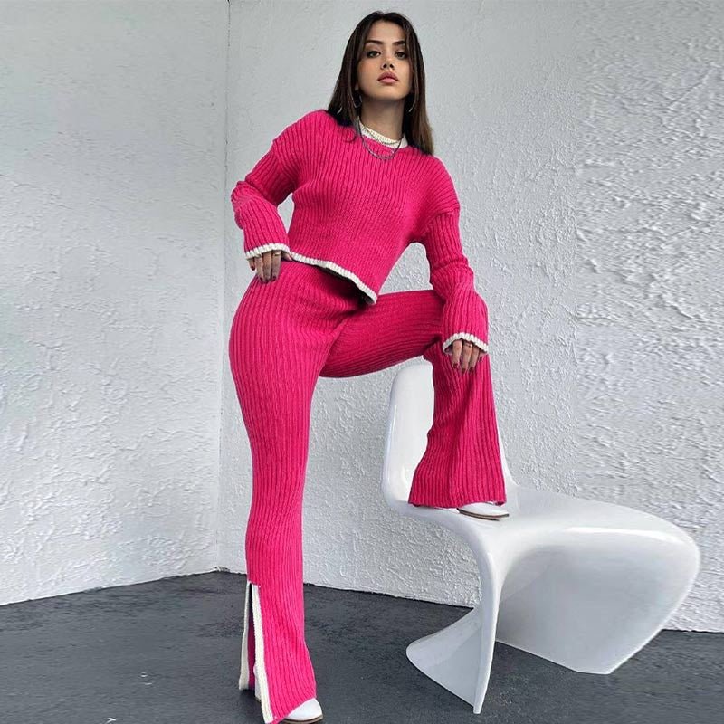 Ensemble Deux Pièces En Maille Côtelée avec Top Court Et Pantalon Taille Haute pour Femme | Idéal pour Les Sorties Décontractées
