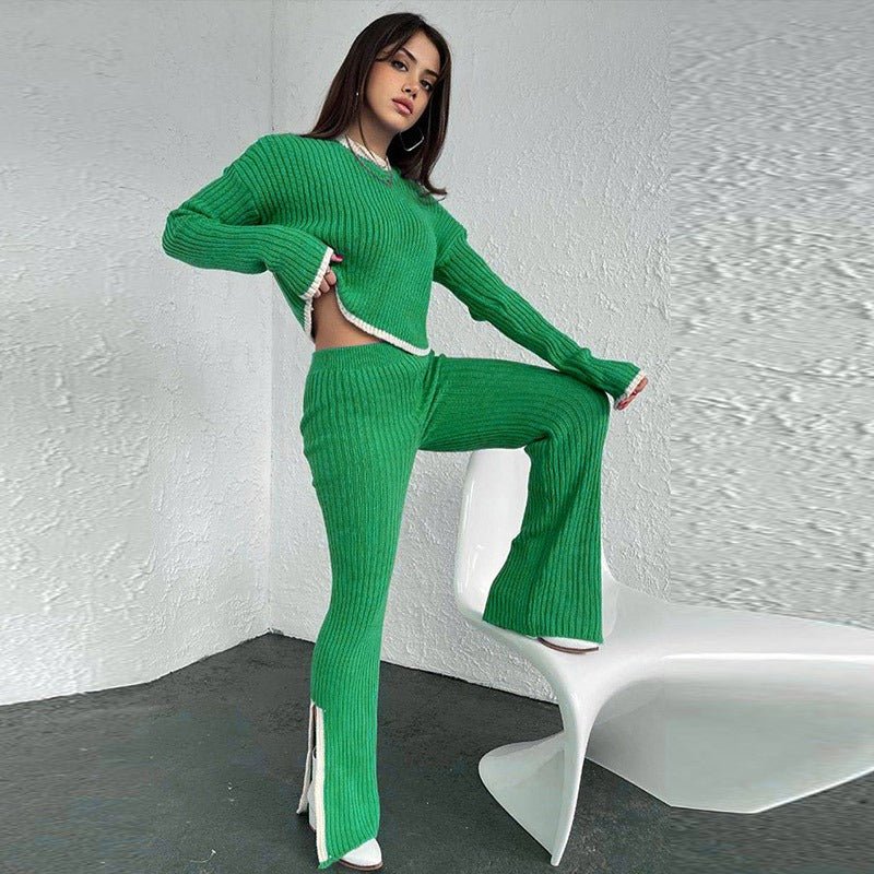 Ensemble Deux Pièces En Maille Côtelée avec Top Court Et Pantalon Taille Haute pour Femme | Idéal pour Les Sorties Décontractées