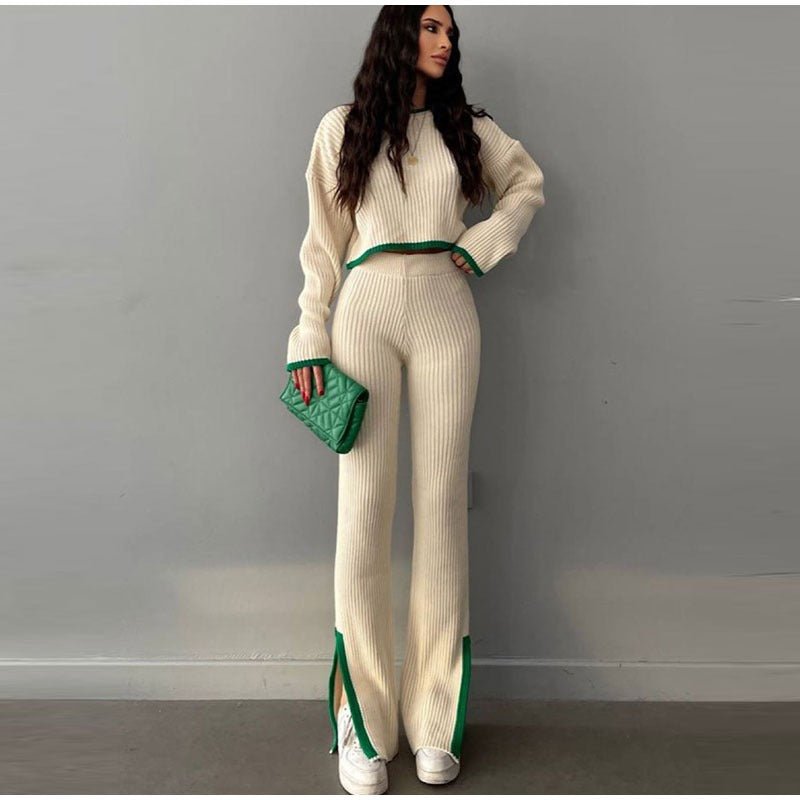 Ensemble Deux Pièces En Maille Côtelée avec Top Court Et Pantalon Taille Haute pour Femme | Idéal pour Les Sorties Décontractées