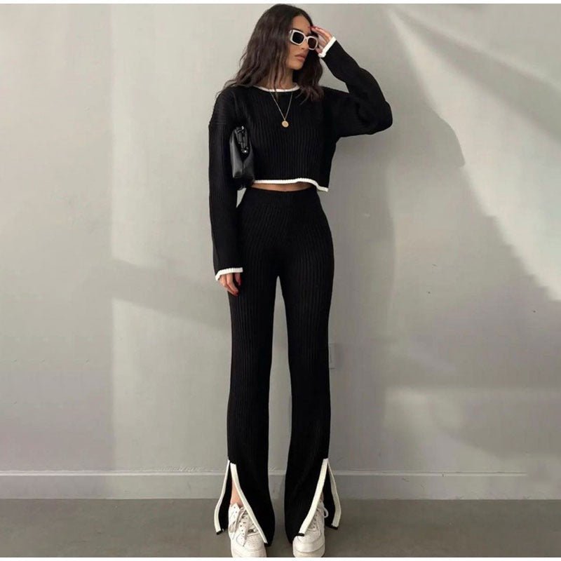 Ensemble Deux Pièces En Maille Côtelée avec Top Court Et Pantalon Taille Haute pour Femme | Idéal pour Les Sorties Décontractées