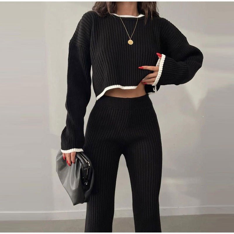 Ensemble Deux Pièces En Maille Côtelée avec Top Court Et Pantalon Taille Haute pour Femme | Idéal pour Les Sorties Décontractées