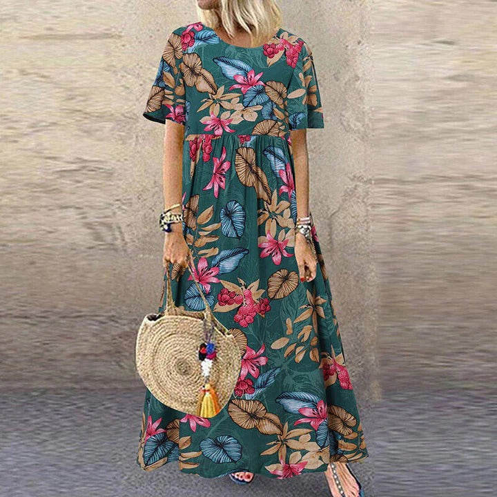 Robe Longue à Imprimé Fleuri avec Manches Courtes pour Femme | Idéale pour les Événements d’Été