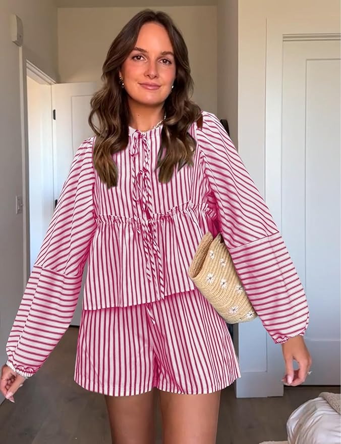 Ensemble Haut à Manches Longues et Short Taille Haute à Rayures pour Femme | Idéal pour l'Été