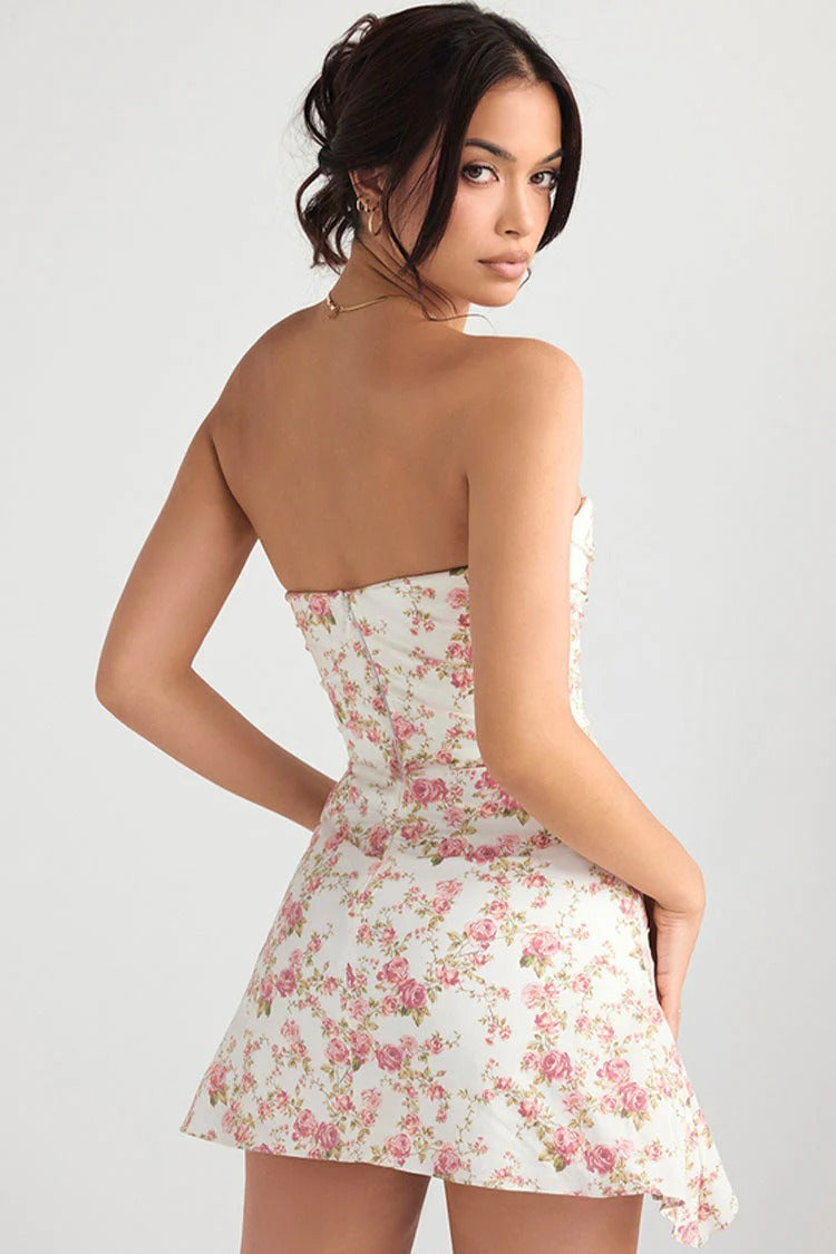 Robe Mini à Fleurs sans Bretelles avec Finition Plissée pour Femme | Idéale pour l'été