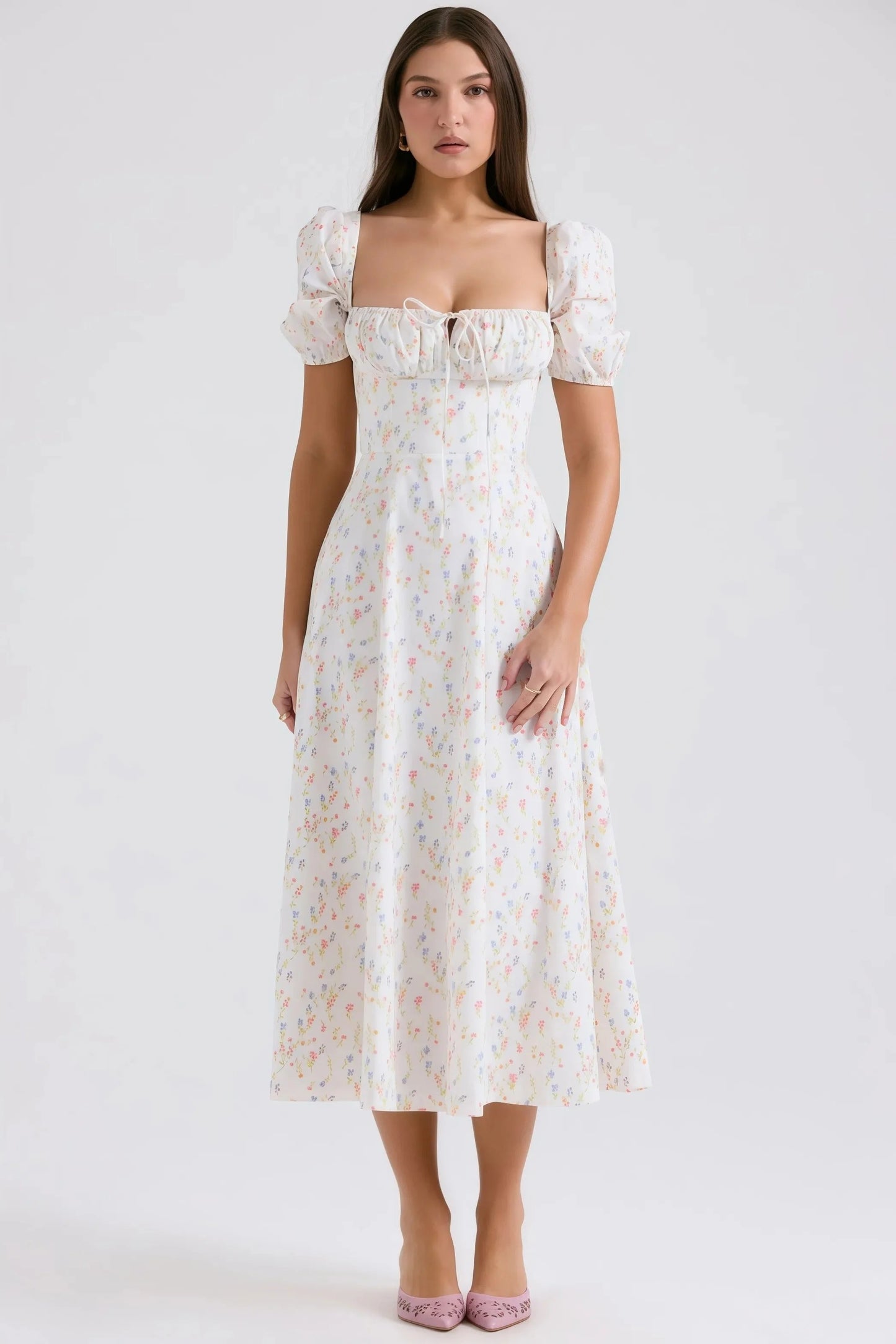 Robe Midi à Imprimé Floral avec Manches Bouffantes pour Femme | Idéale pour le Quotidien et les Promenades
