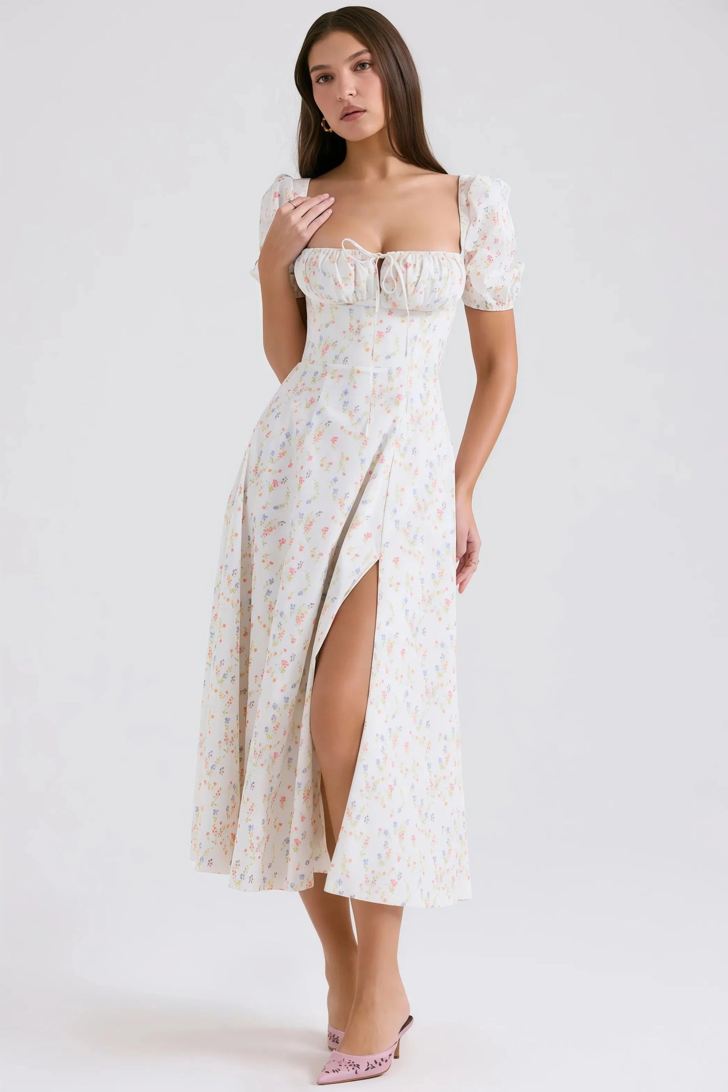 Robe Midi à Imprimé Floral avec Manches Bouffantes pour Femme | Idéale pour le Quotidien et les Promenades