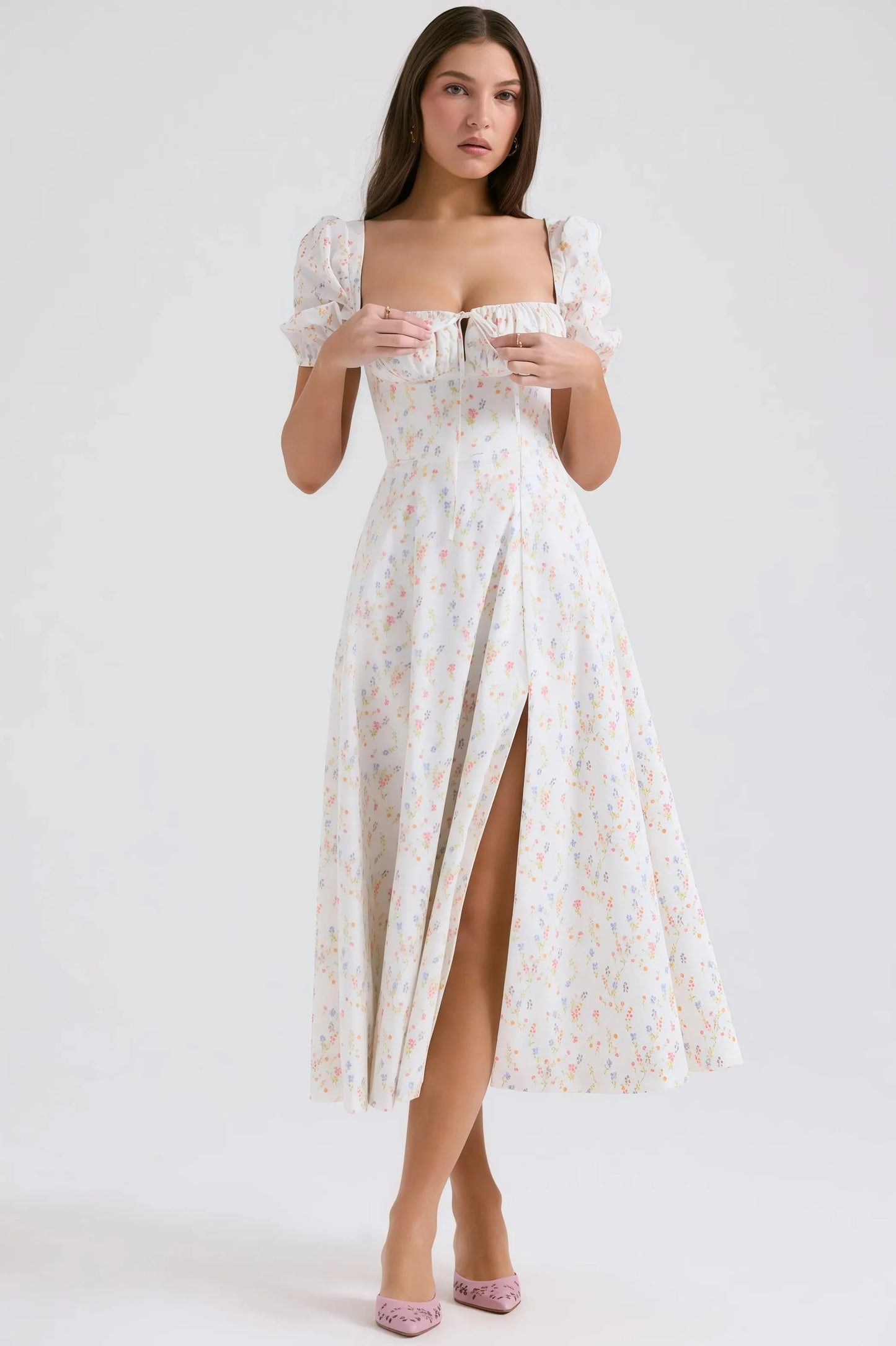 Robe Midi à Imprimé Floral avec Manches Bouffantes pour Femme | Idéale pour le Quotidien et les Promenades