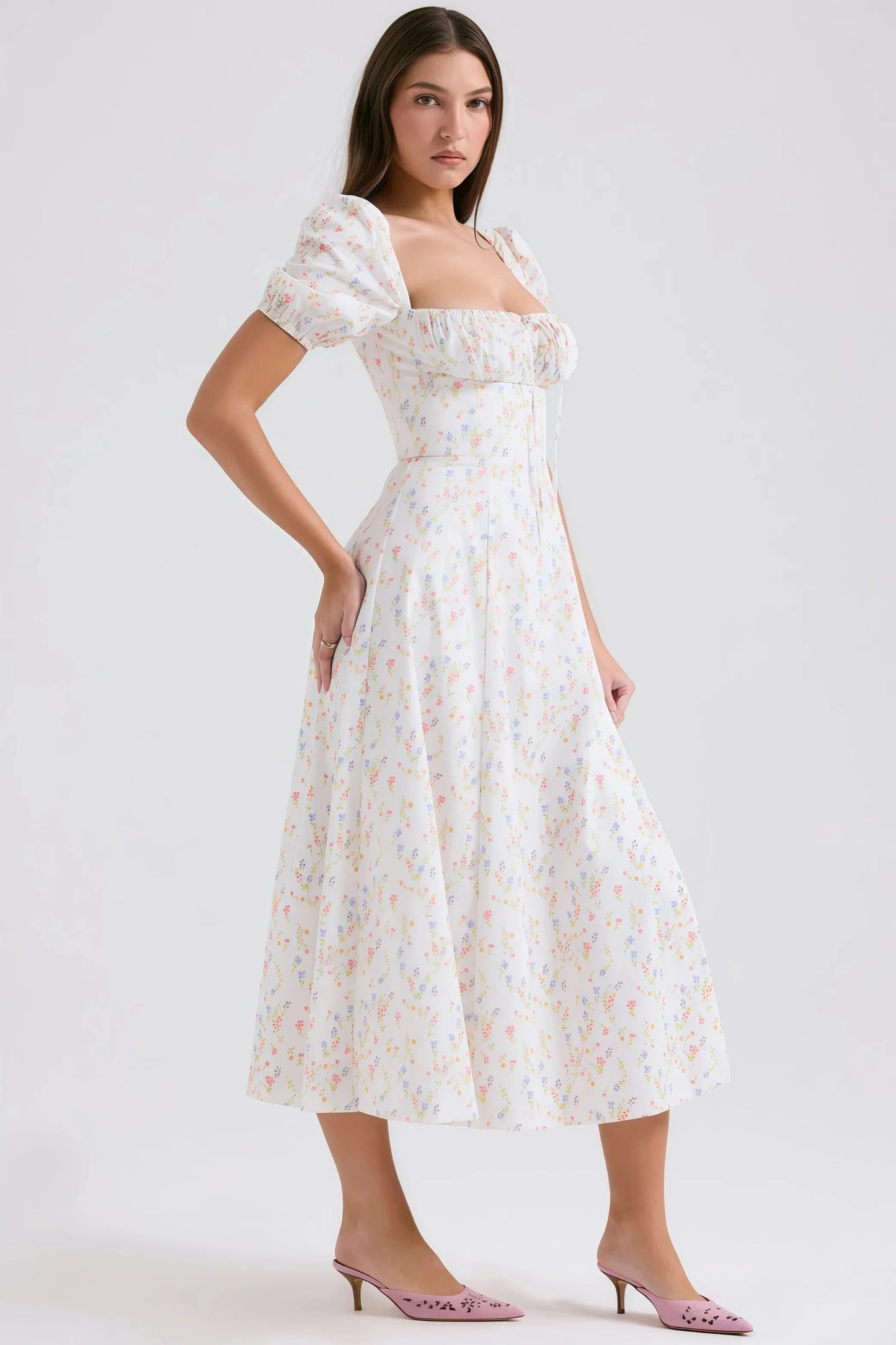 Robe Midi à Imprimé Floral avec Manches Bouffantes pour Femme | Idéale pour le Quotidien et les Promenades