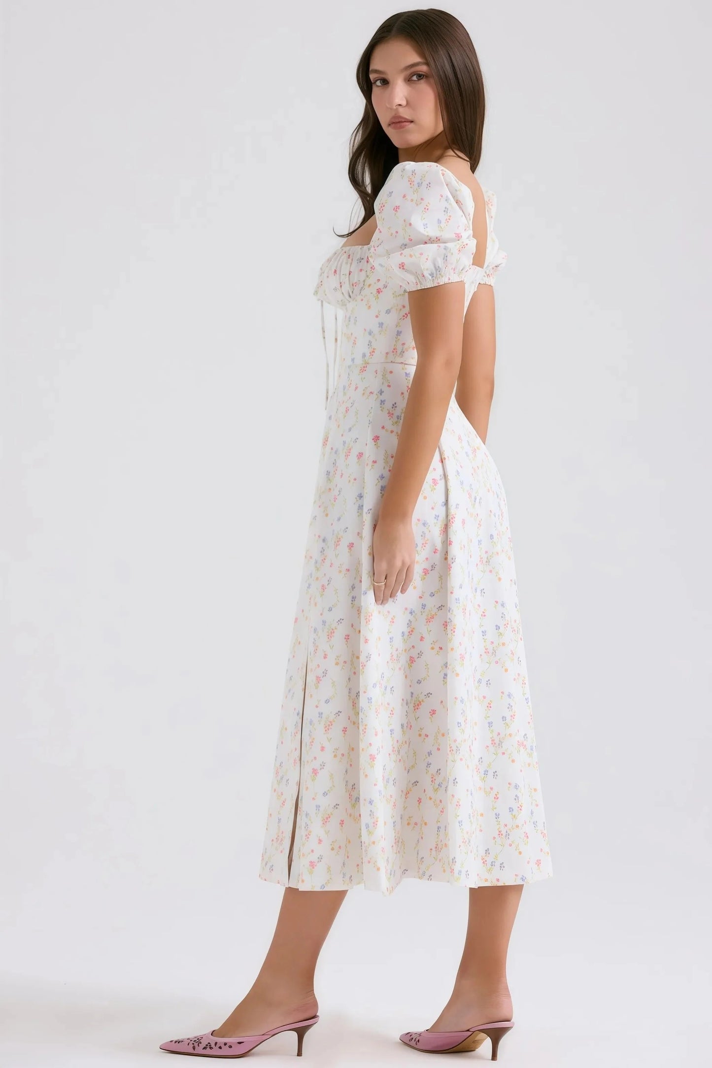Robe Midi à Imprimé Floral avec Manches Bouffantes pour Femme | Idéale pour le Quotidien et les Promenades