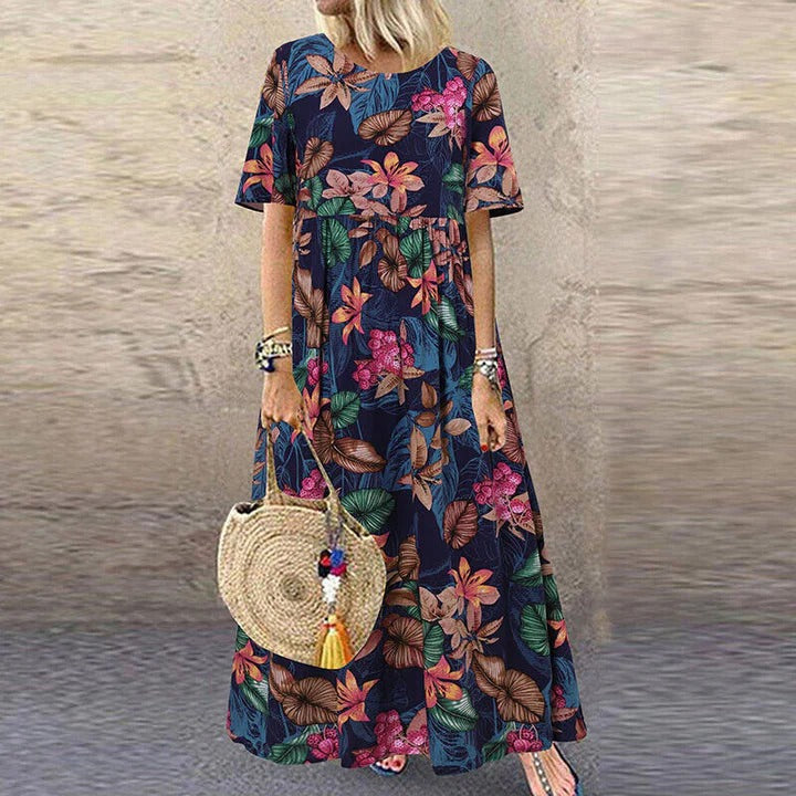 Robe Longue à Imprimé Fleuri avec Manches Courtes pour Femme | Idéale pour les Événements d’Été