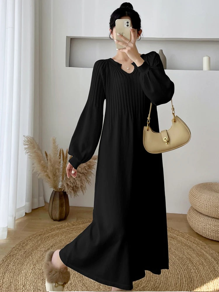Robe à Manches Longues et Col en V pour Femme | Idéale pour les Sorties et le Quotidien