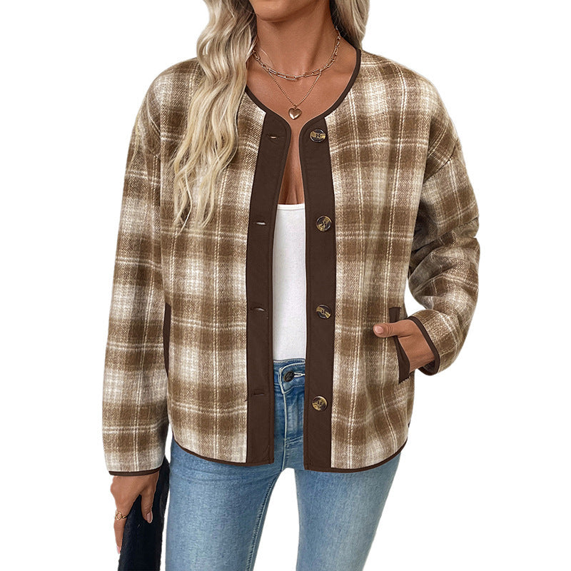 Veste à carreaux col rond pour femmes
