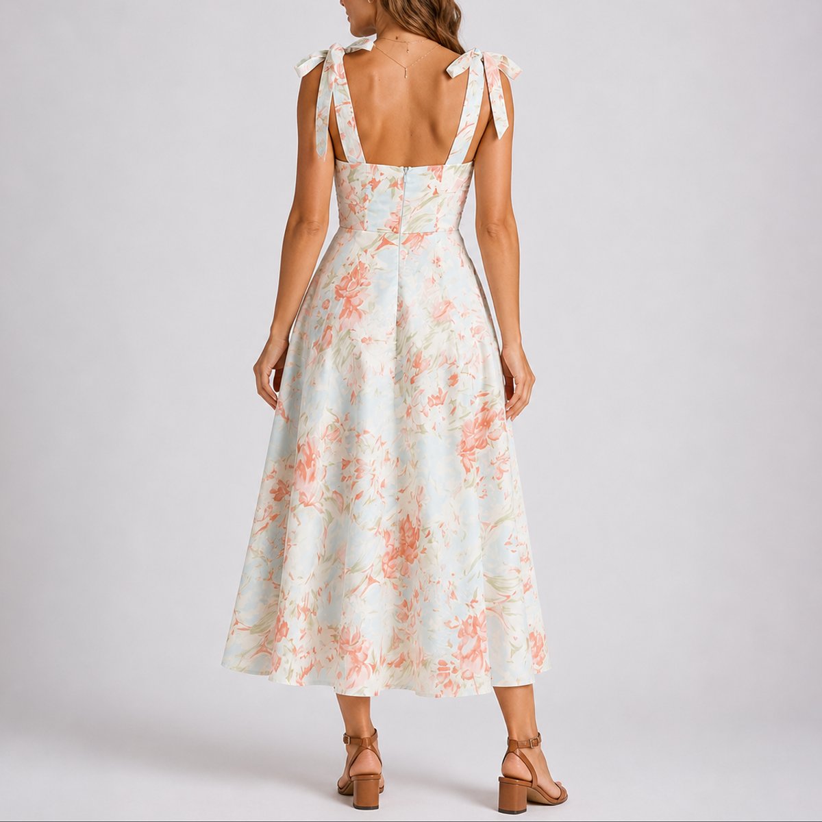 Robe midi avec col cœur et bretelles à nouer pour femmes | Idéale pour mariage ou cérémonie en plein air