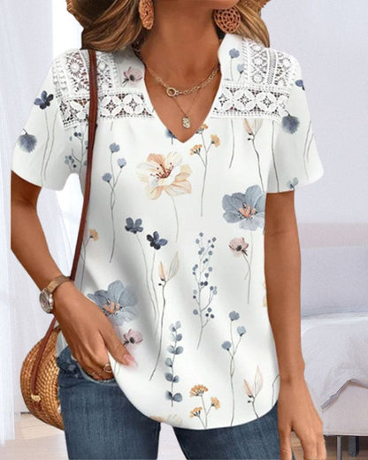 T-Shirt À Manches Courtes Avec Motif Floral Et Col En V Pour Femmes | Idéal Pour Usage Quotidien