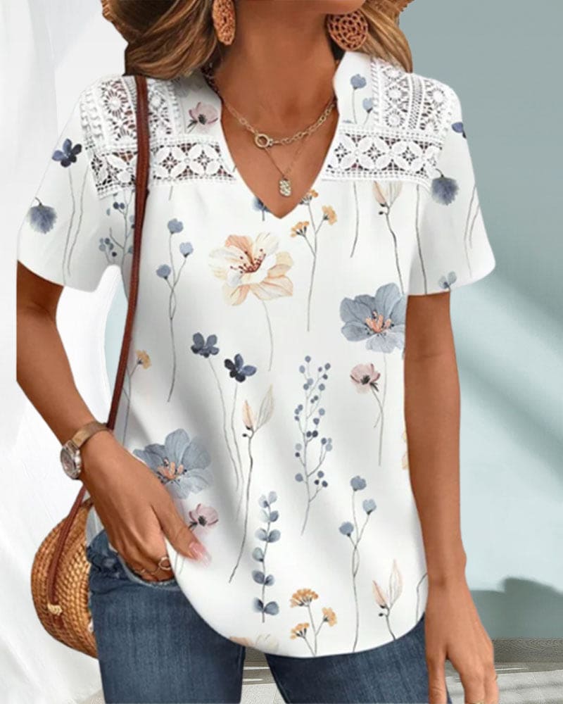T-Shirt À Manches Courtes Avec Motif Floral Et Col En V Pour Femmes | Idéal Pour Usage Quotidien