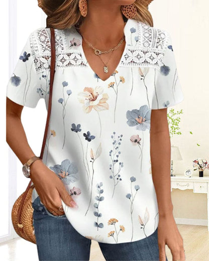 T-Shirt À Manches Courtes Avec Motif Floral Et Col En V Pour Femmes | Idéal Pour Usage Quotidien