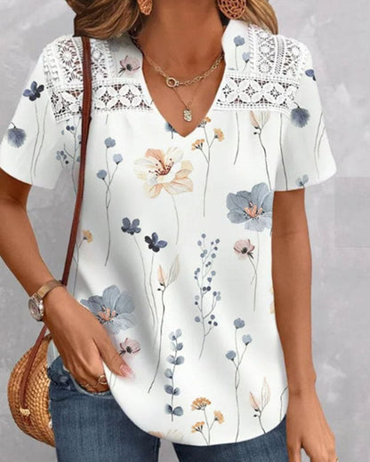 T-Shirt À Manches Courtes Avec Motif Floral Et Col En V Pour Femmes | Idéal Pour Usage Quotidien