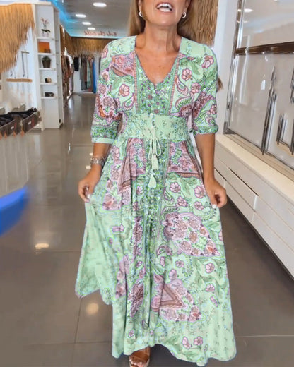 Robe Maxi À Motif Floral Avec Col En V Pour Femme | Idéale Pour L'Été Et Les Sorties Décontractées