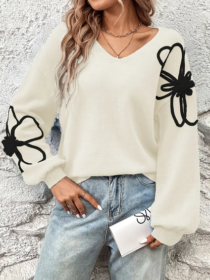 Pull à Col en V avec Broderie Florale pour Femme | Idéal pour un Usage Quotidien