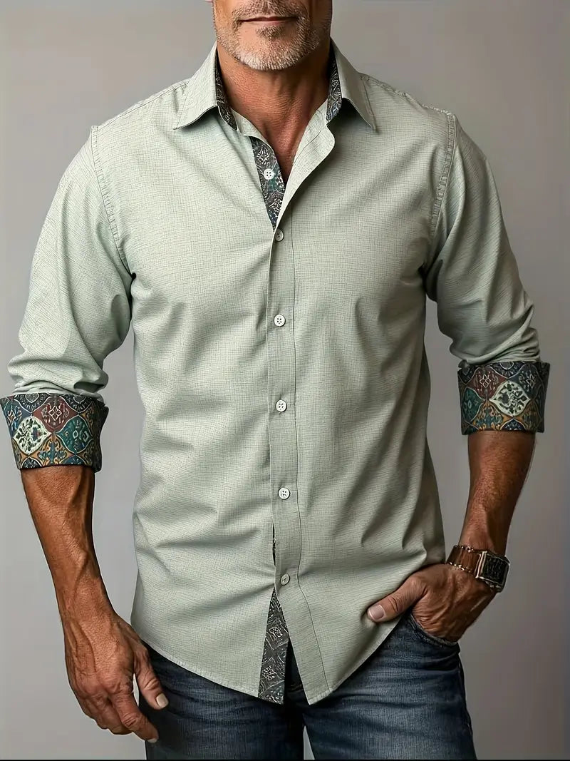 Chemise À Manches Longues Avec Détails Contrastés Et Fermeture À Boutons Pour Hommes | Idéale Pour Toutes Les Saisons
