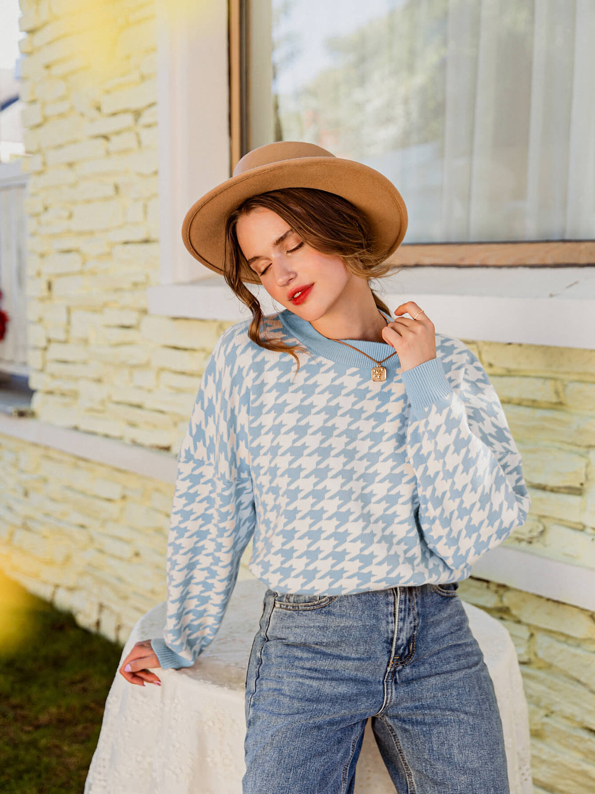 Pull Motif Pied-de-Poule Avec Manches Longues Pour Femmes | Idéal Pour Le Quotidien