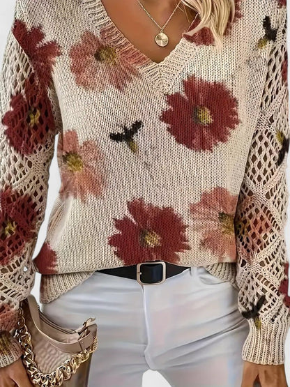Pull À Motif Floral Avec Col En V Et Manches Longues Pour Femmes | Idéal Pour Le Quotidien