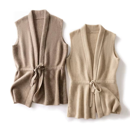 Gilet sans manches à col V en maille côtelée avec ceinture à nouer pour femme | Idéal pour l’automne