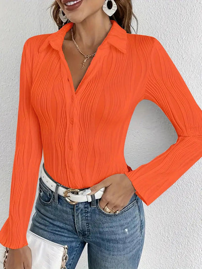 Blouse Côtelée À Manches Longues Avec Boutons Pour Femmes | Idéal Pour Usage Quotidien