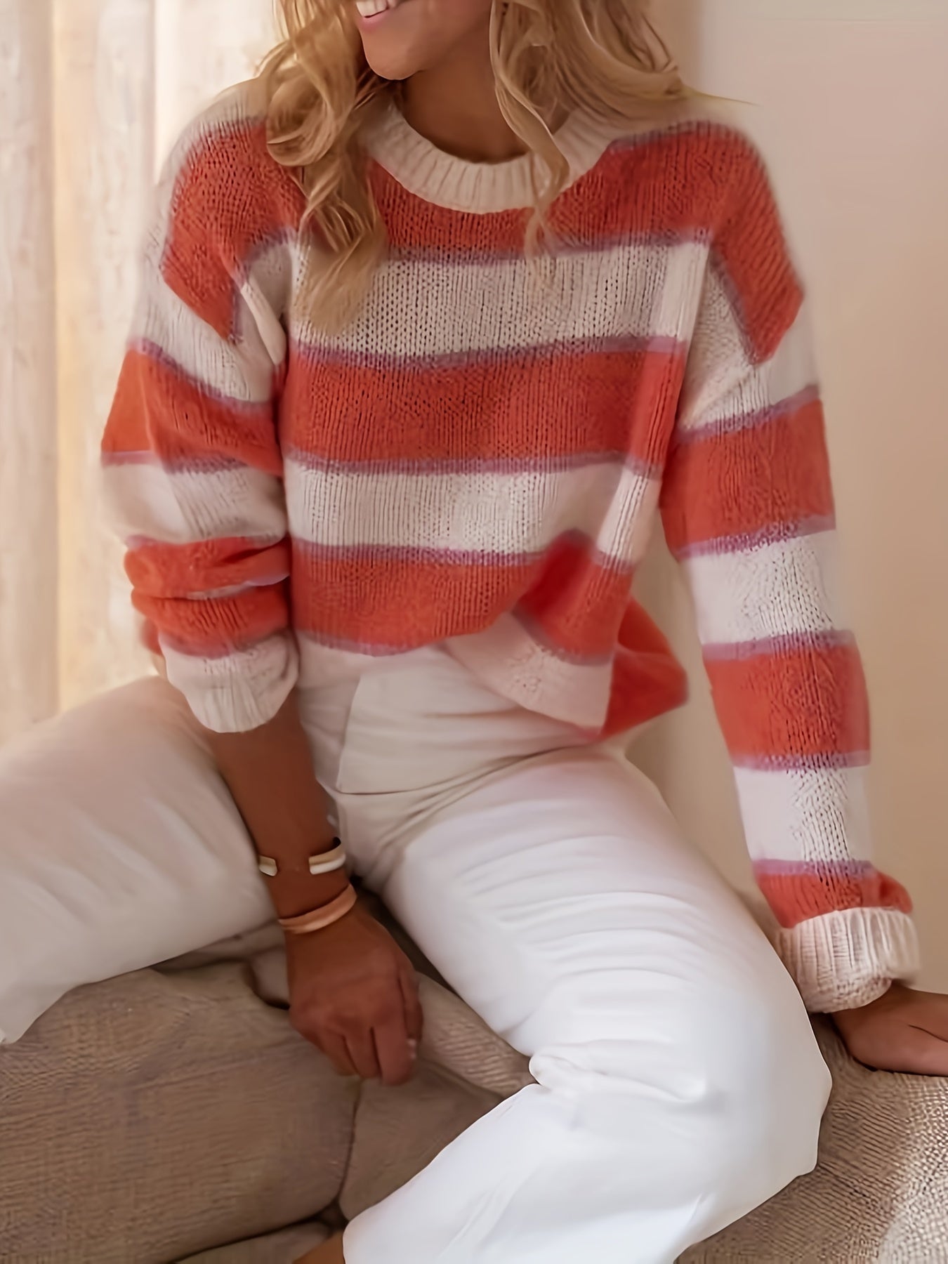 Pull À Rayures avec Col Rond Et Manches Longues pour Femme | Idéal pour L’Automne Et L’Hiver
