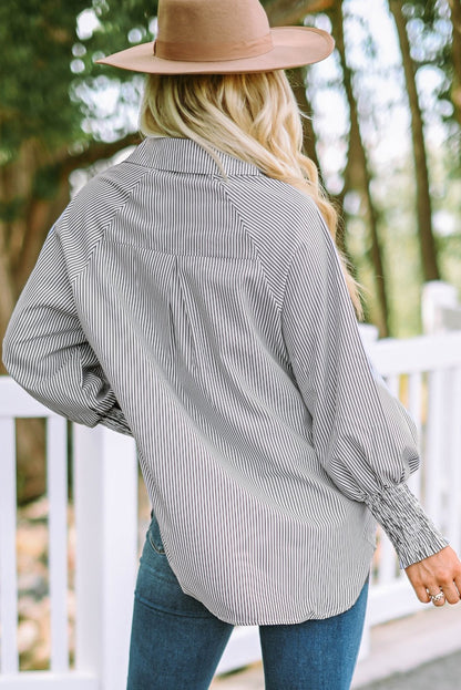 Chemise Mi-Longue Avec Col À Revers Rayé Et Manches Oversize Resserées Pour Femme | Idéale Pour Le Printemps Et L’Été