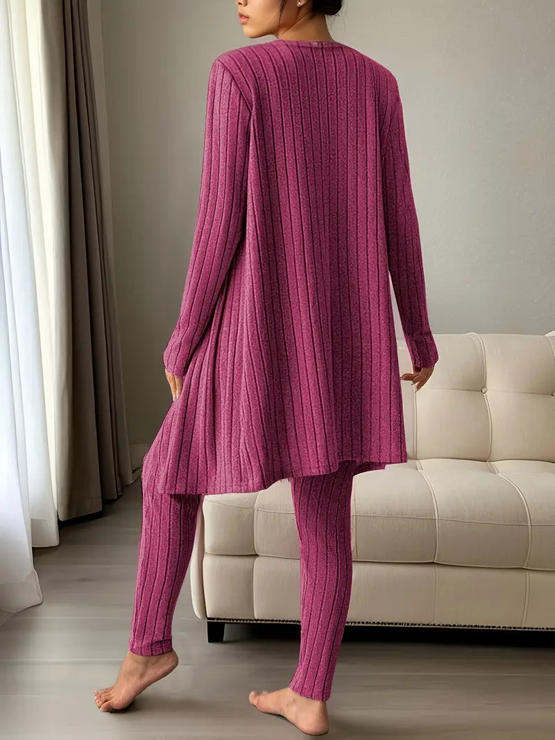 Ensemble Loungewear Trois Pièces avec Cardigan Long pour Femmes | Idéal pour la Maison