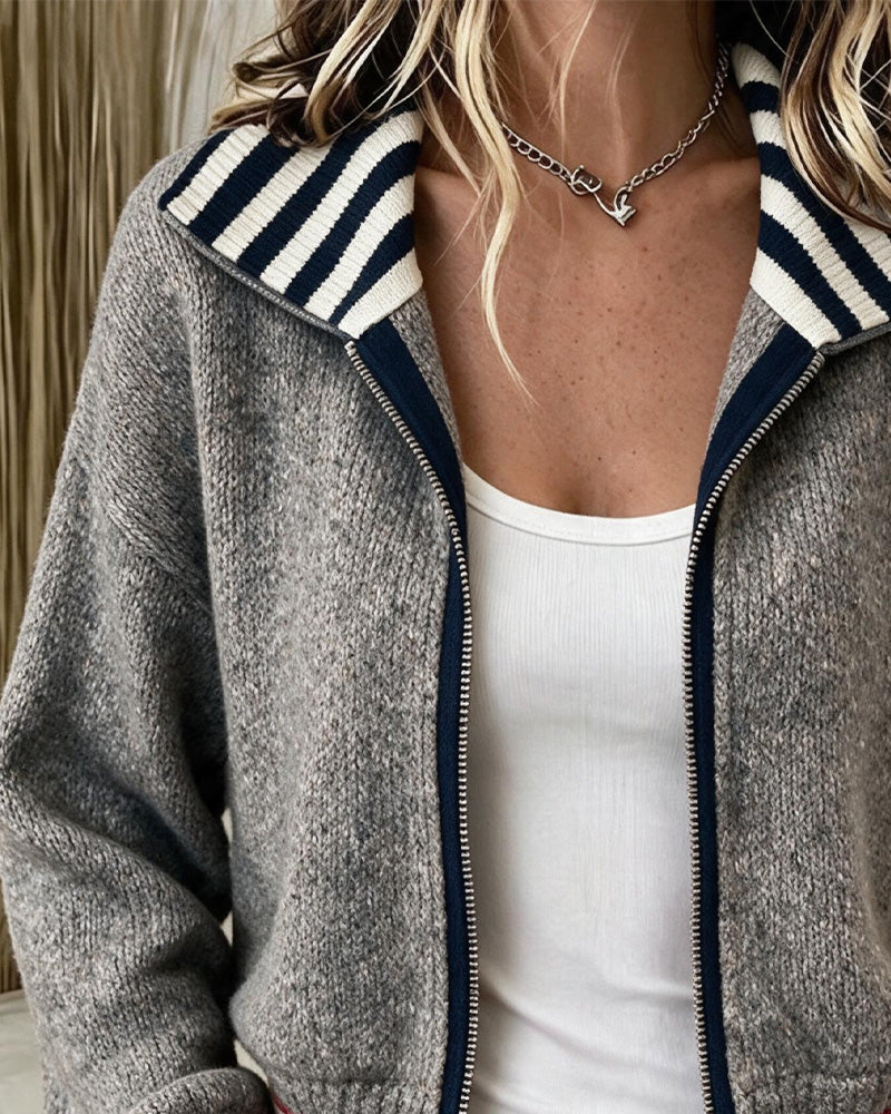 Cardigan zippé à col rayé pour femmes