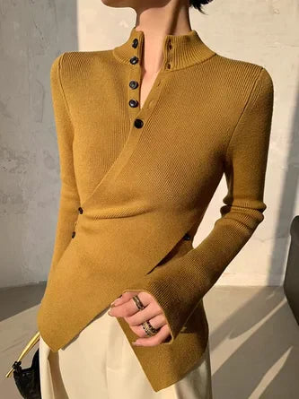Pull à Design Asymétrique avec Boutons et Col Montant pour Femmes | Idéal pour Bureau et Sorties