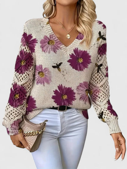 Pull À Motif Floral Avec Col En V Et Manches Longues Pour Femmes | Idéal Pour Le Quotidien