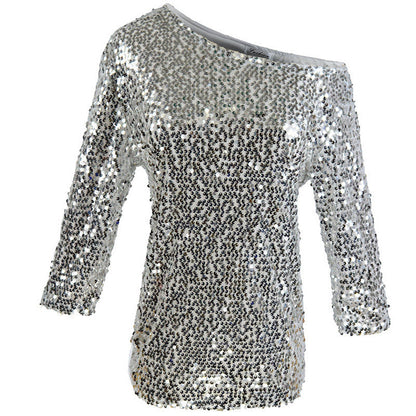Top à Paillettes à Épaules Dénudées et Manches Mi-longues pour Femme | Idéal pour les Soirées et Occasions Festives