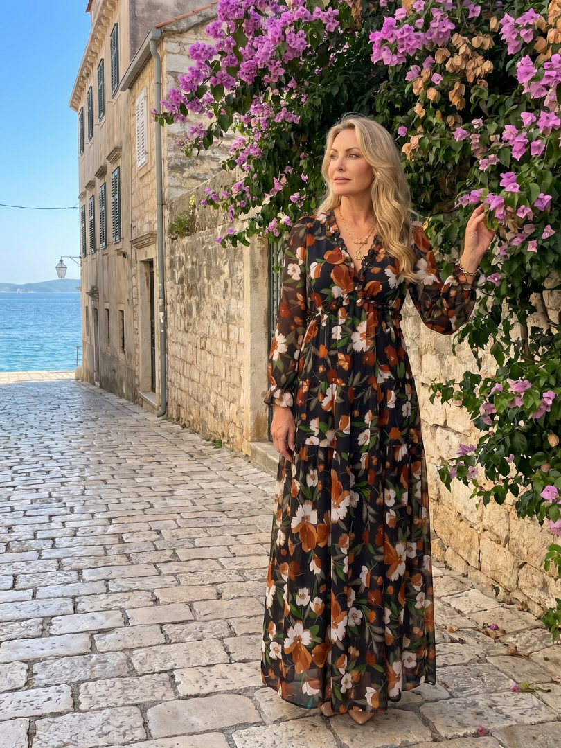 Robe longue imprimée à volants pour femmes