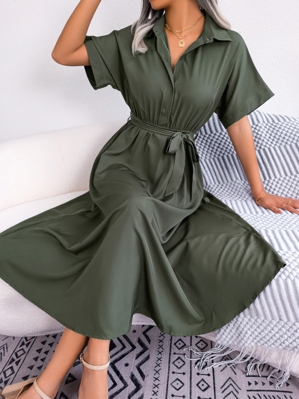 Robe Chemise Midi Avec Ceinture Nouée Et Manches Courtes Pour Femmes | Adaptée Aux Tenues Quotidiennes