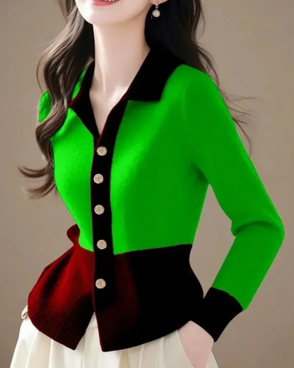 Cardigan à col polo bicolore pour femme avec fermeture boutonnée | Idéal pour l'automne