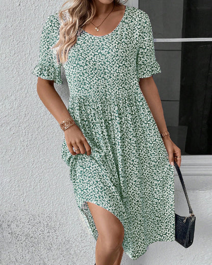 Robe Midi À Motif Floral Avec Col Rond Et Manches Courtes Pour Femme | Idéale Pour Le Jour Et La Soirée