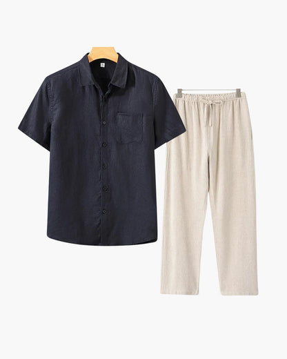 Ensemble Été Deux Pièces Avec Chemise Courte Et Pantalon À Taille Élastique Pour Homme | Idéal Pour Saison Estivale