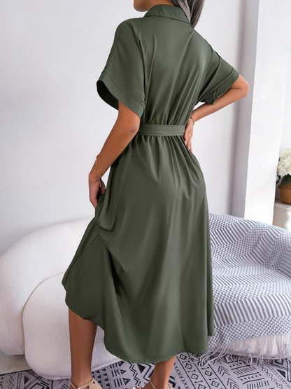 Robe Chemise Midi Avec Ceinture Nouée Et Manches Courtes Pour Femmes | Adaptée Aux Tenues Quotidiennes